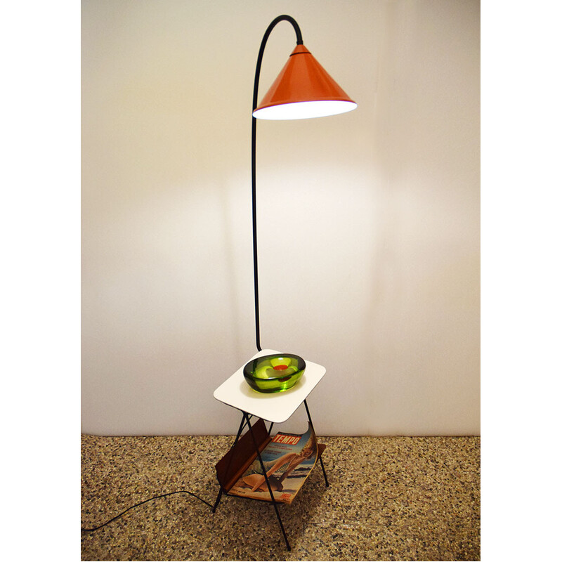 Vintage white wood and metal floor lamp with coffee table and magazine rack, 1950