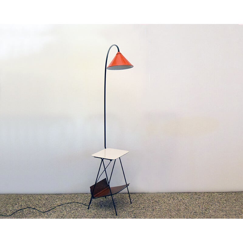 Vintage white wood and metal floor lamp with coffee table and magazine rack, 1950