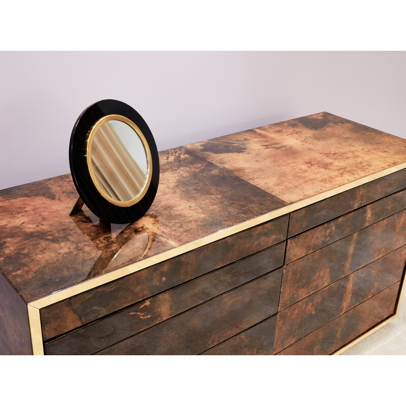 Vintage chest of drawers in brown parchment and brass for Aldo Tura, Italy 1960