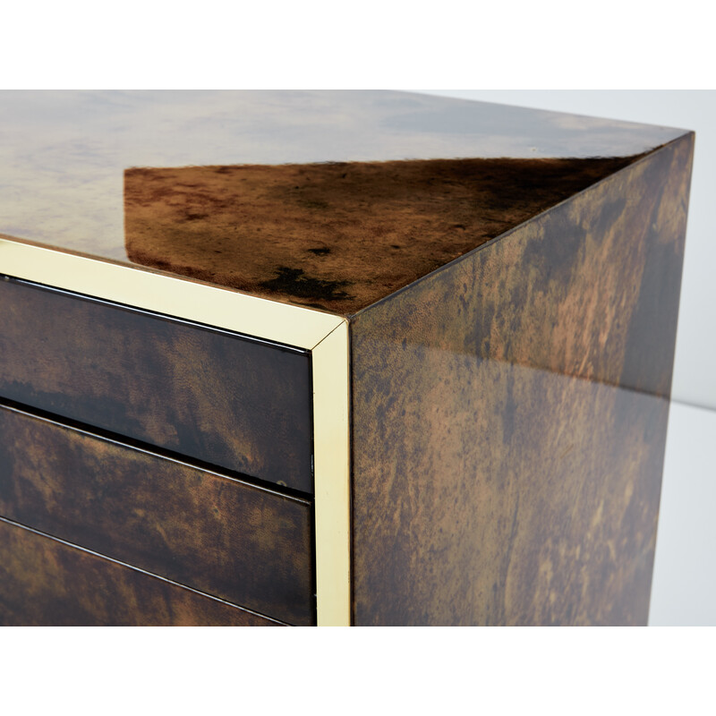 Vintage chest of drawers in brown parchment and brass for Aldo Tura, Italy 1960