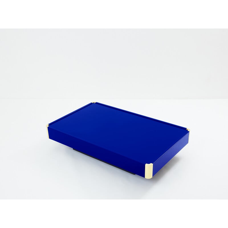 Majorelle vintage coffee table in blue lacquer and brass, 1970
