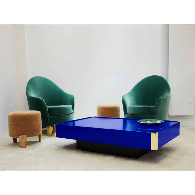 Majorelle vintage coffee table in blue lacquer and brass, 1970