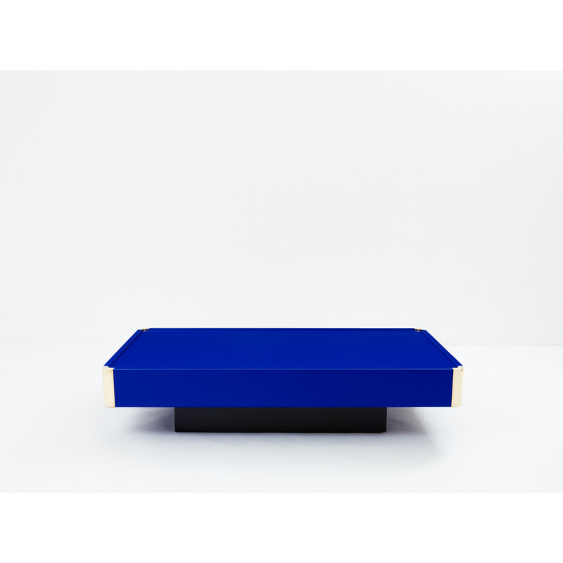 Majorelle vintage coffee table in blue lacquer and brass, 1970