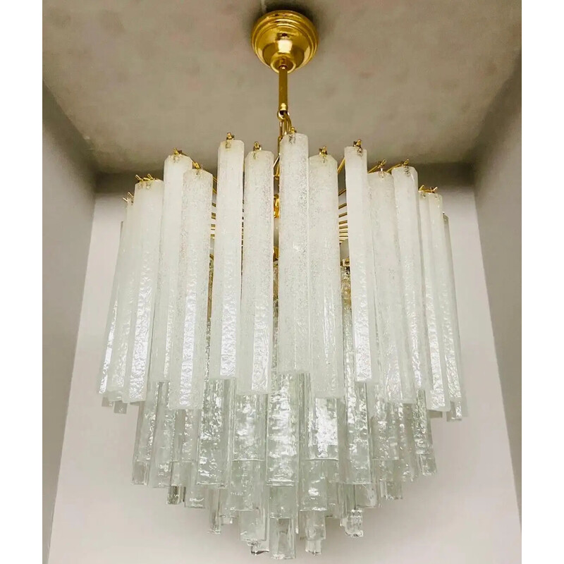 Vintage waterfall chandelier in white Murano glass by Mazzega, Italy 1970