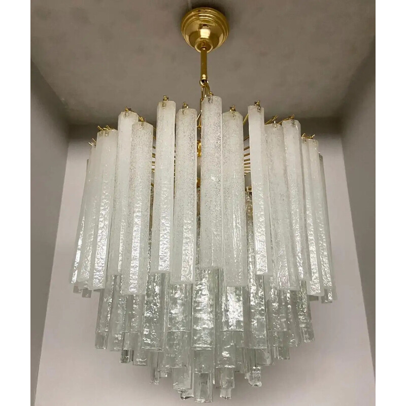 Vintage waterfall chandelier in white Murano glass by Mazzega, Italy 1970