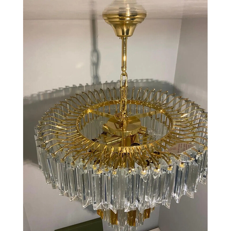 Vintage Triedri chandelier in clear and brown Murano glass for Venini, 1970