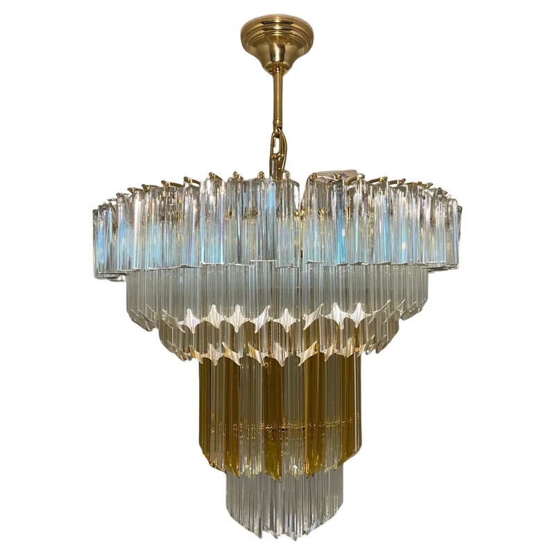 Vintage Triedri chandelier in clear and brown Murano glass for Venini, 1970