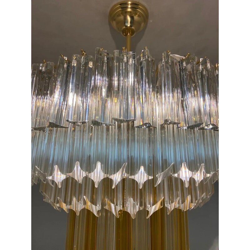 Vintage Triedri chandelier in clear and brown Murano glass for Venini, 1970