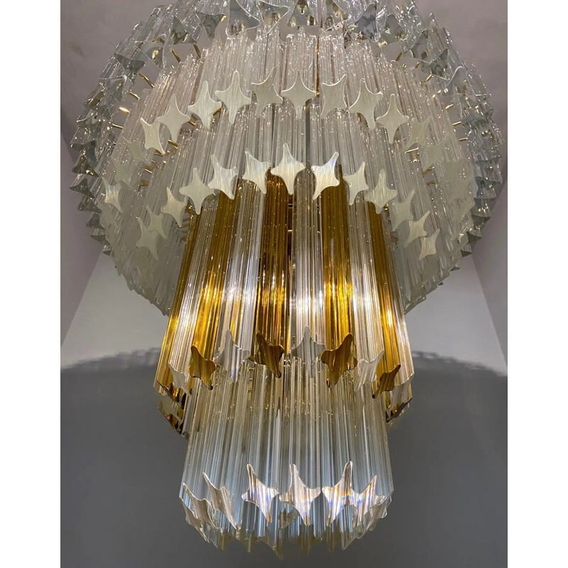 Vintage Triedri chandelier in clear and brown Murano glass for Venini, 1970
