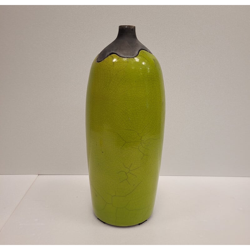 Conjunto de 3 vasos vintage em cerâmica Raku esmaltada verde de Geneviève Berrin, França