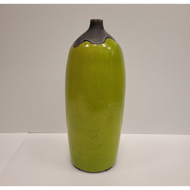 Set of 3 vintage Raku green glazed ceramic vases by Geneviève Berrin, France