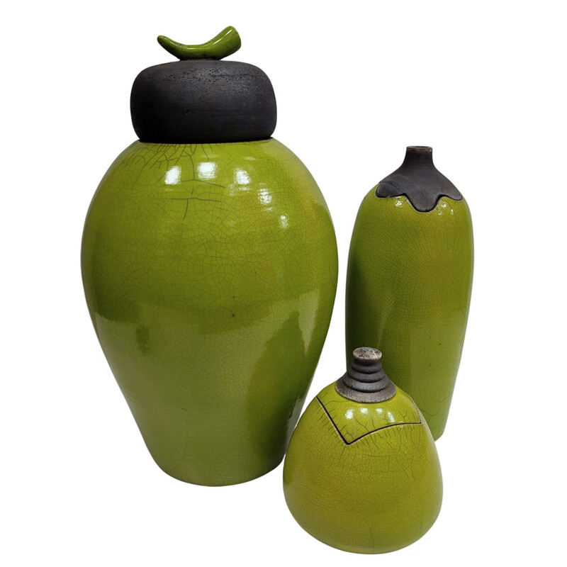 Set of 3 vintage Raku green glazed ceramic vases by Geneviève Berrin, France