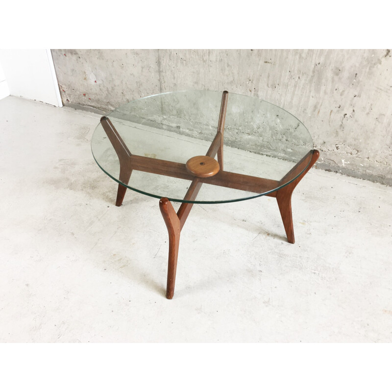 Mid century oak frame circular coffee table - 1960s