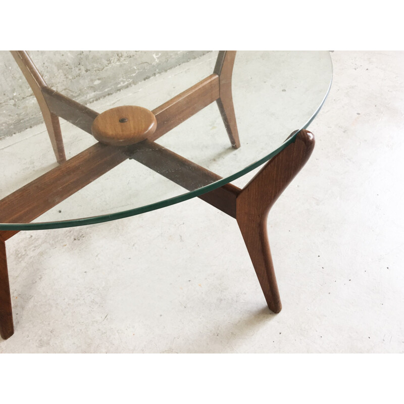 Mid century oak frame circular coffee table - 1960s