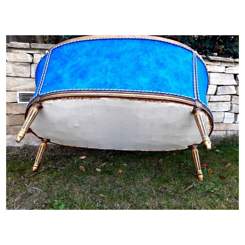 Vintage 2-seater basket sofa in gilded wood and textured blue fabric