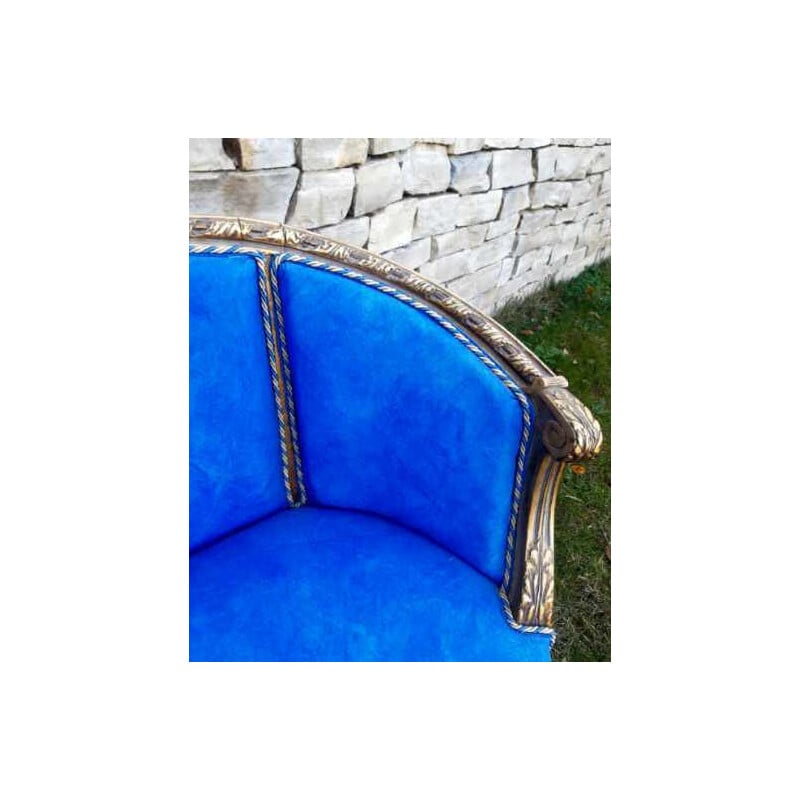 Sofá cesta vintage de 2 plazas en madera dorada y tela azul texturizada