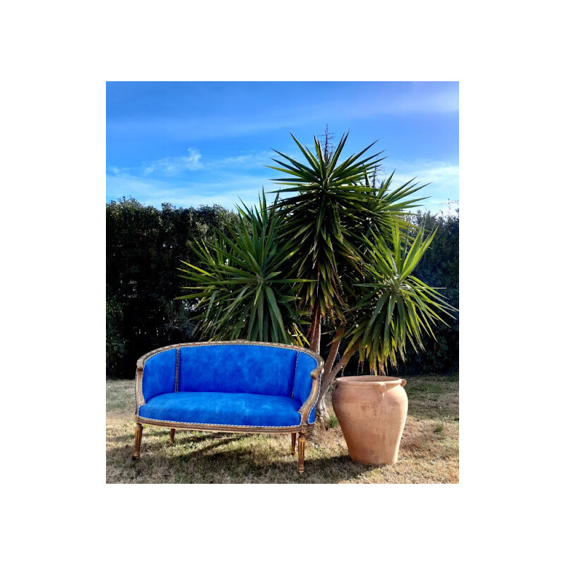 Vintage 2-seater basket sofa in gilded wood and textured blue fabric