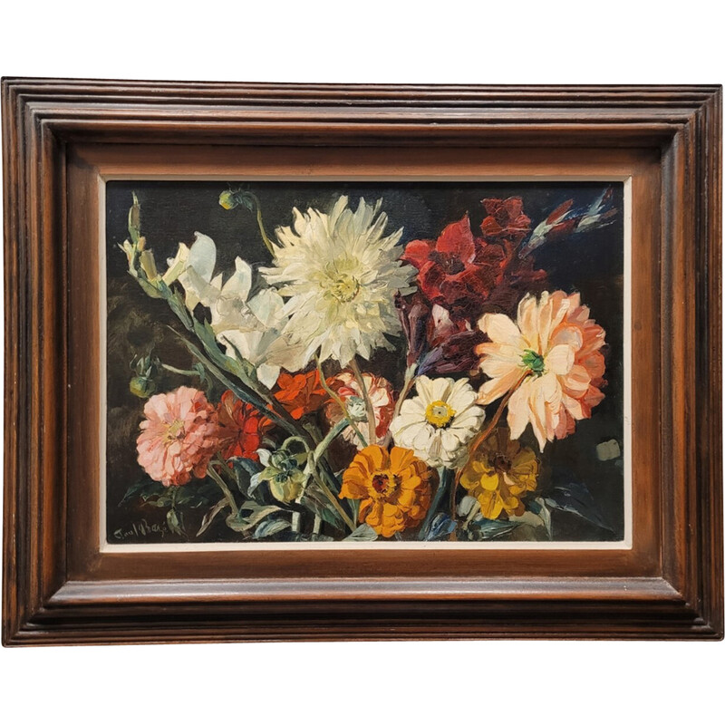 Vintage oil on panel depicting a still life and a bouquet of flowers by Paul Robert Bazé, France