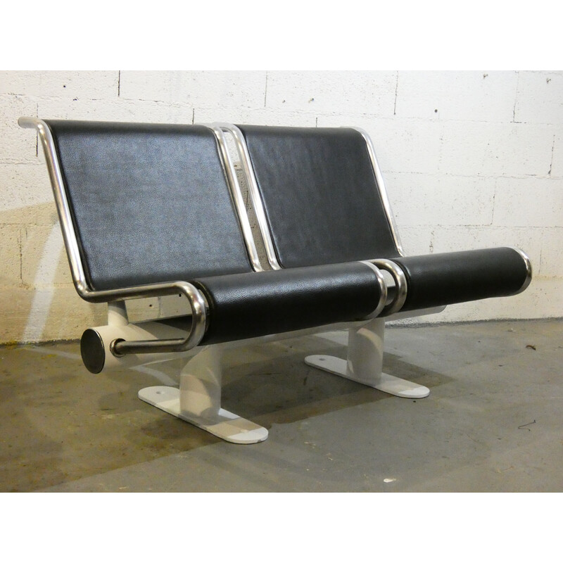 Vintage airport bench in steel and chromed metal, 1970