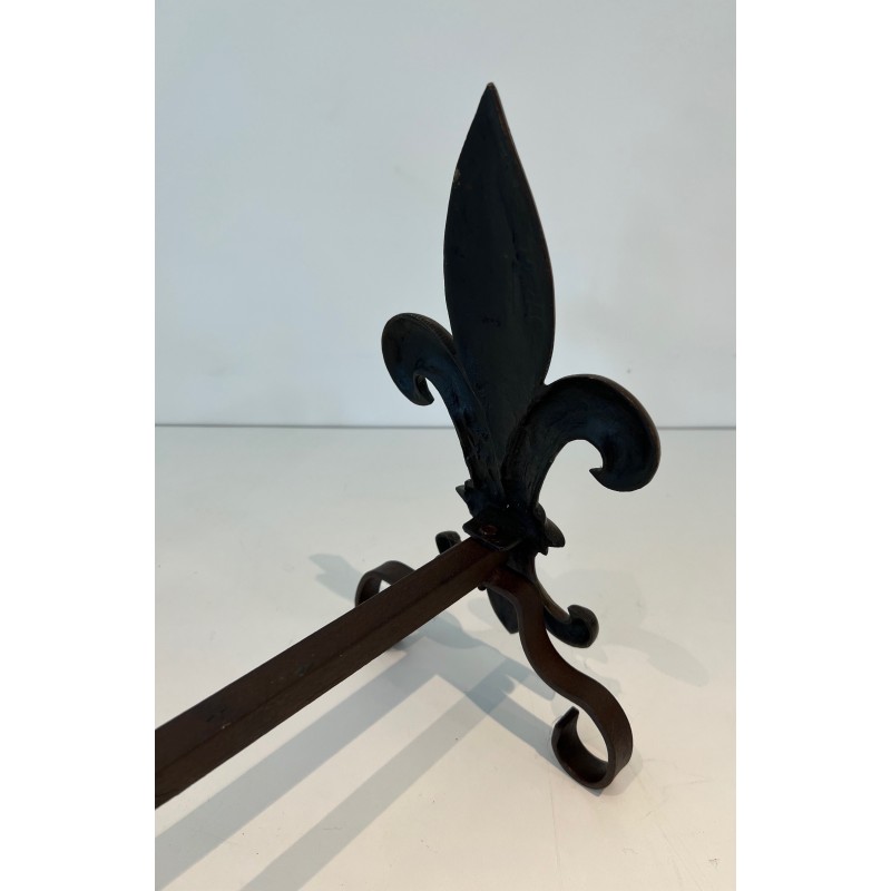 Pair of vintage bronze and wrought iron andirons representing a fleur-de-lys, France 1940