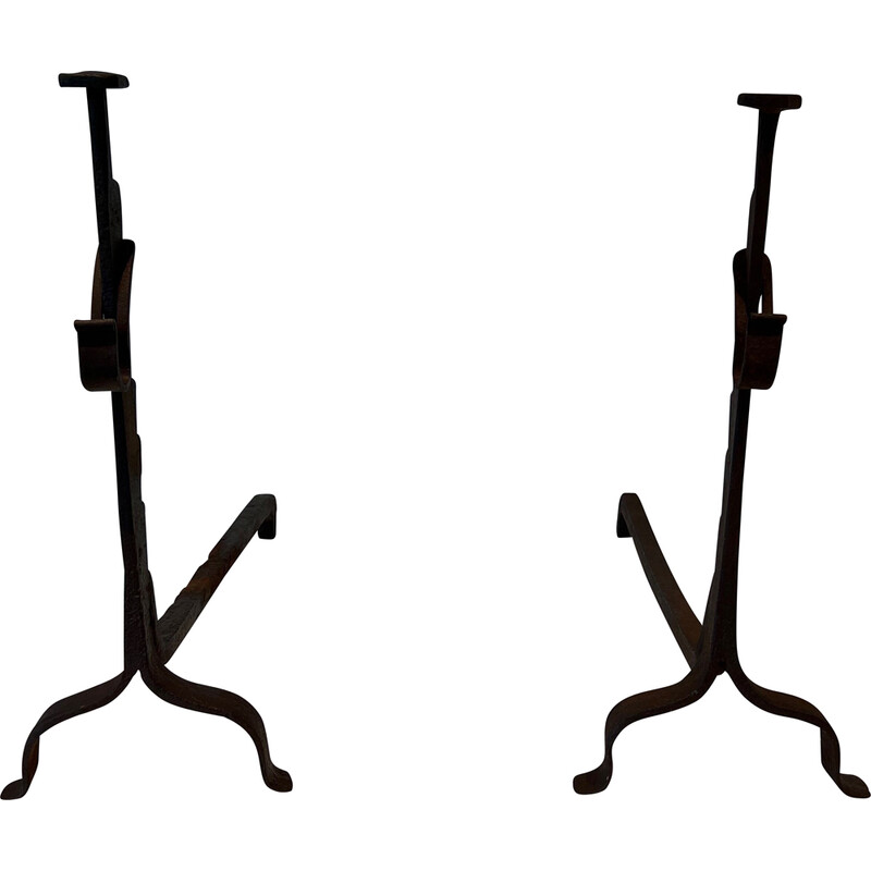 Pair of vintage wrought iron andirons with rack, France 1900