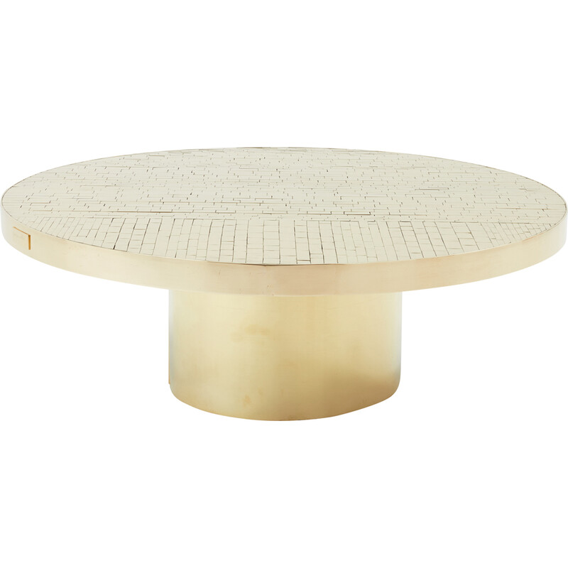 Vintage round mosaic and brass coffee table by Georges Mathias, Belgium 1970