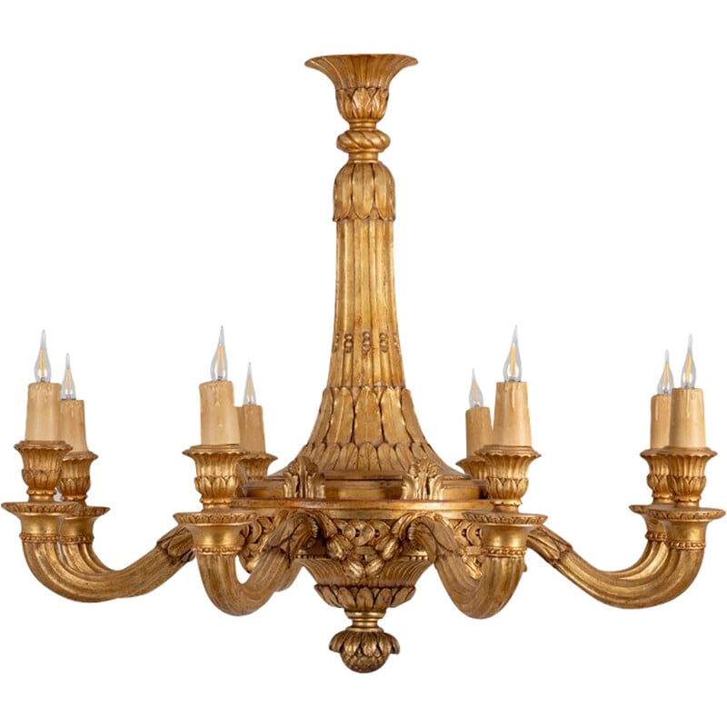 Vintage chandelier in carved and gilded wood by Dumez, France 1950