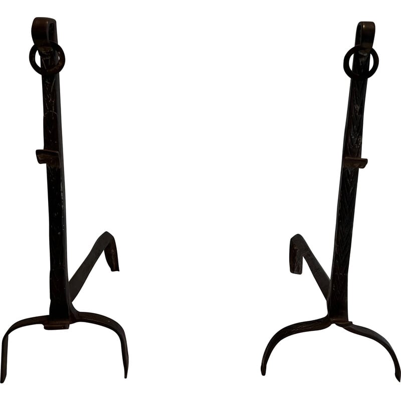 Pair of vintage wrought-iron andirons, France