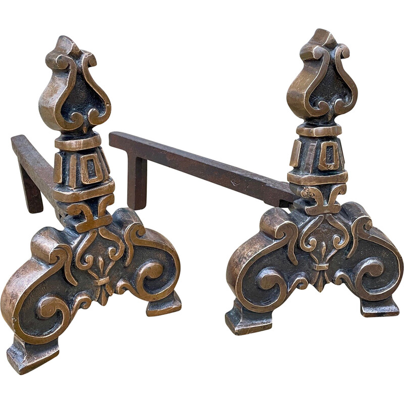 Pair of vintage andirons in solid brass and steel