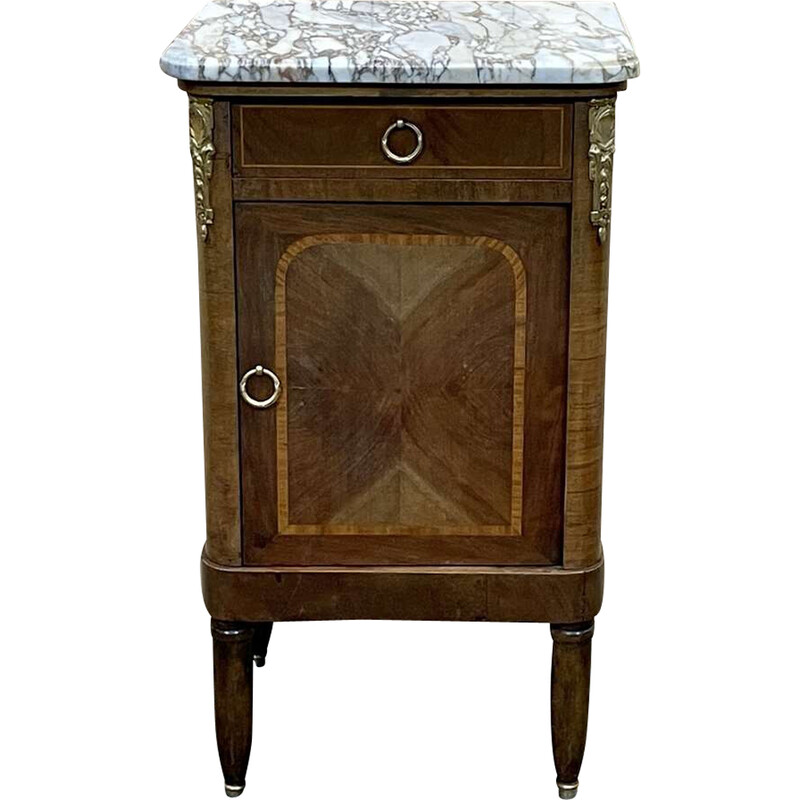 Vintage marquetry nightstand with white marble top