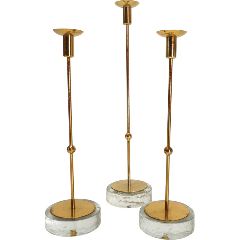 Set of 3 vintage brass and glass candlesticks by Gunnar Ander for Ystad Metall, 1960