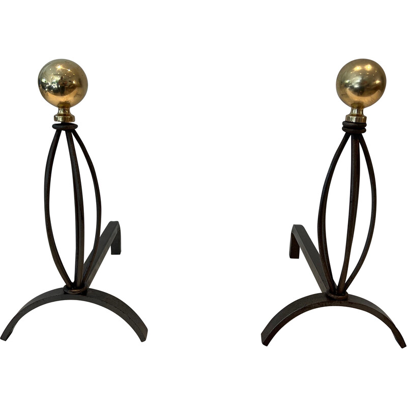 Pair of vintage wrought iron and brass andirons, France 1970