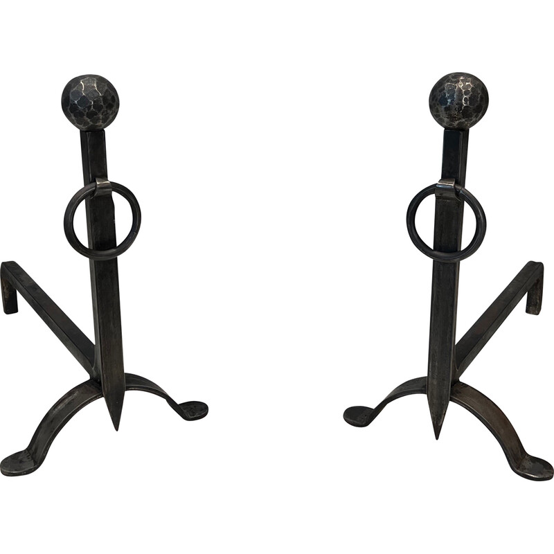 Pair of wrought and hammered iron andirons, France 1950