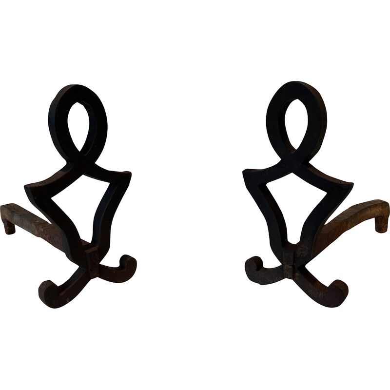 Pair of vintage cast iron and wrought iron andirons by Raymond Subes, France 1940