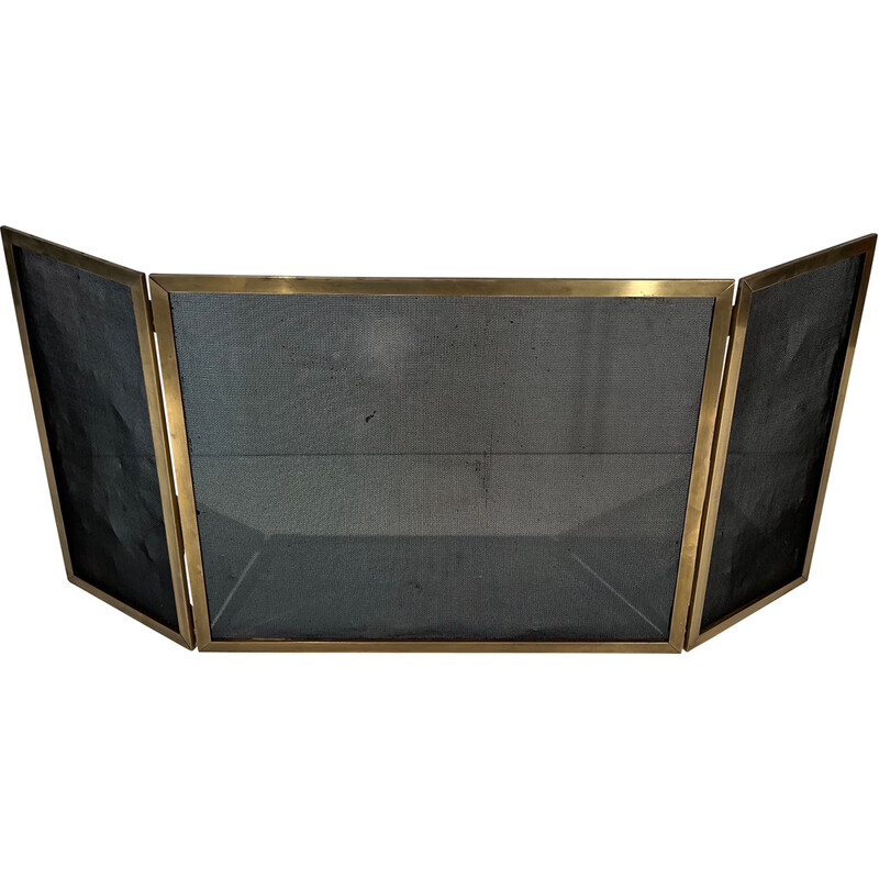 Vintage brass fire screen and 3-panel mesh, France 1940