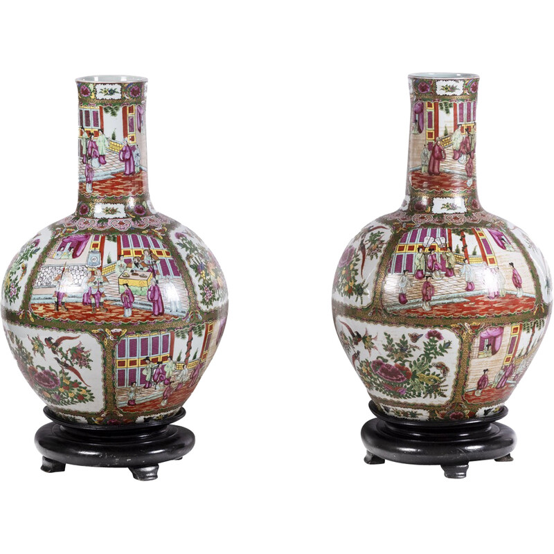 Pair of vintage Canton porcelain vases, 1950