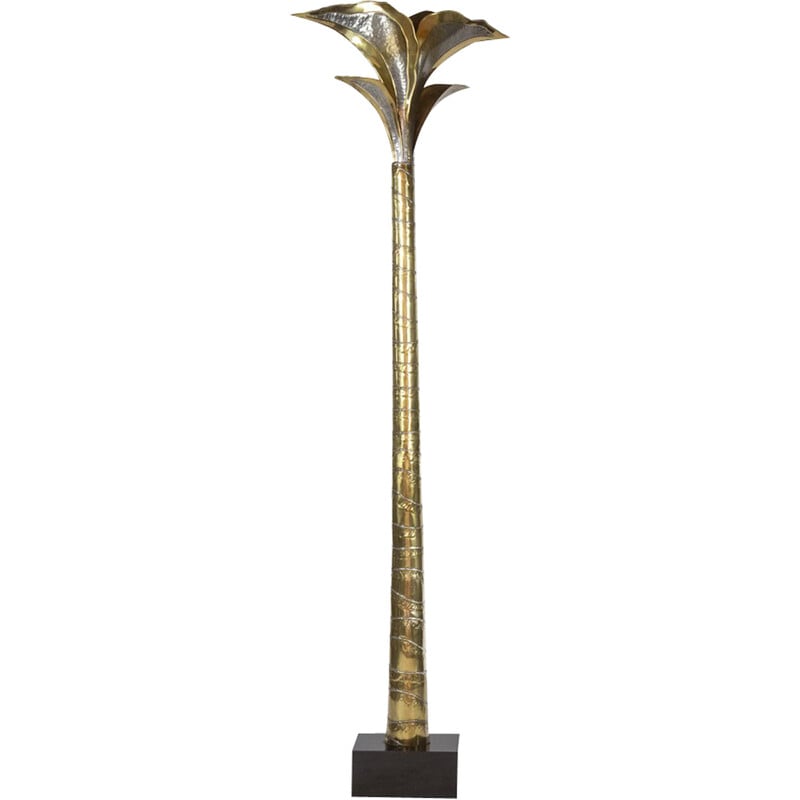 Vintage floor lamp in gold and silver brass representing a palm tree by Henri Fernandez for Maison Honoré, 1970