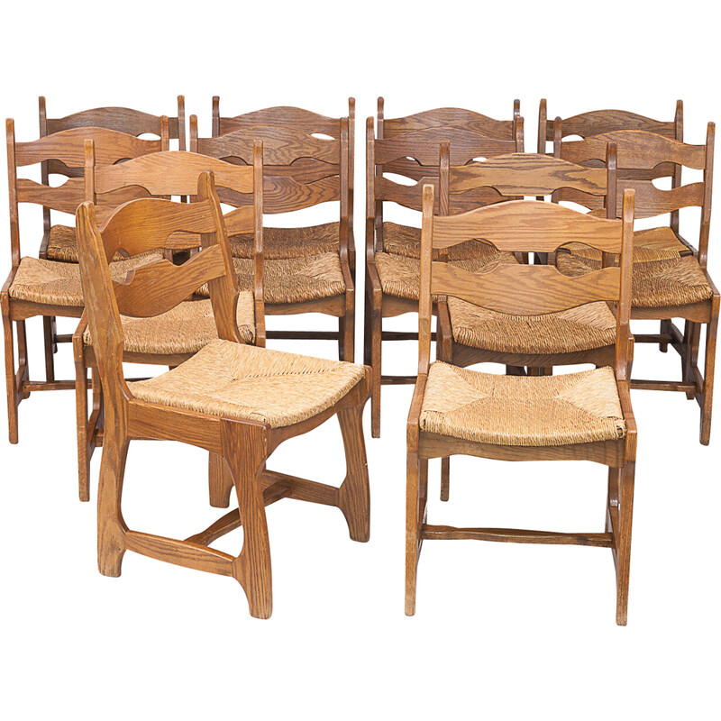 Ensemble de 12 chaises vintage en chêne massif de Guillerme et Chambron, 1950