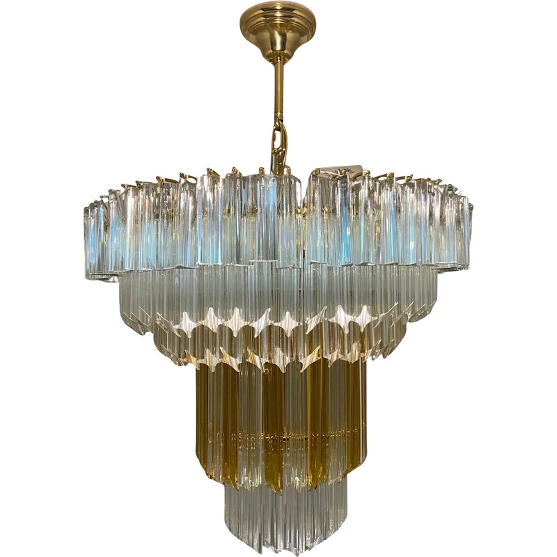 Vintage Triedri chandelier in clear and brown Murano glass for Venini, 1970