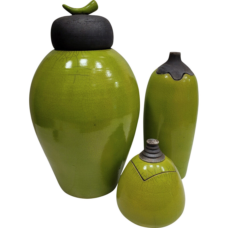 Set of 3 vintage Raku green glazed ceramic vases by Geneviève Berrin, France