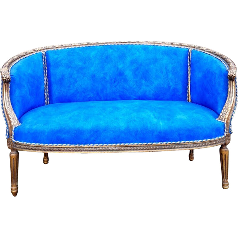 2-Sitzer-Sofa im Vintage-Stil mit Korb aus goldfarbenem Holz und blauem Strukturstoff