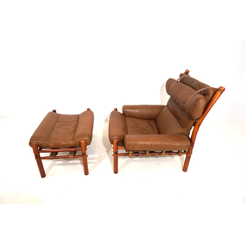 Vintage Inka Sessel mit Buchenholz und Anilinleder-Pouf von Arne Norell für Möbelmanufaktur Norell AB, Schweden 1968