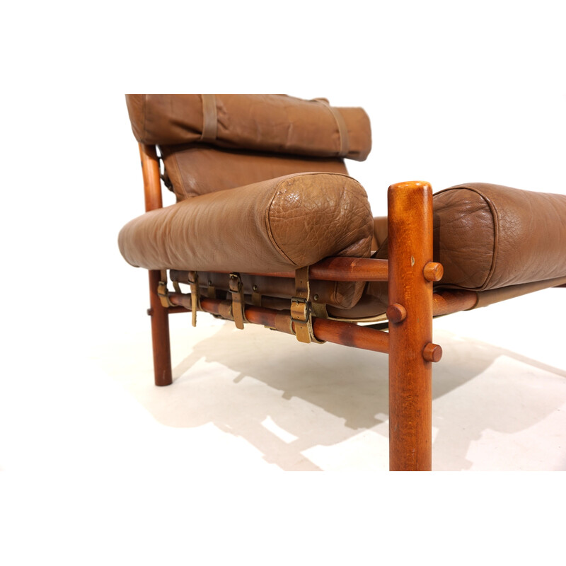 Vintage Inka Sessel mit Buchenholz und Anilinleder-Pouf von Arne Norell für Möbelmanufaktur Norell AB, Schweden 1968