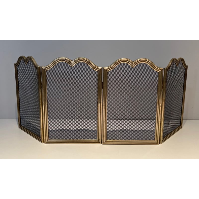 Vintage brass fire screen with 4-panel grid, France 1970