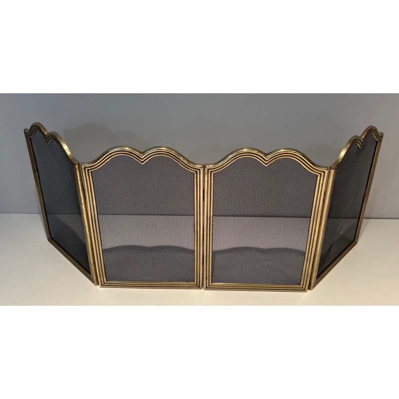 Vintage brass fire screen with 4-panel grid, France 1970