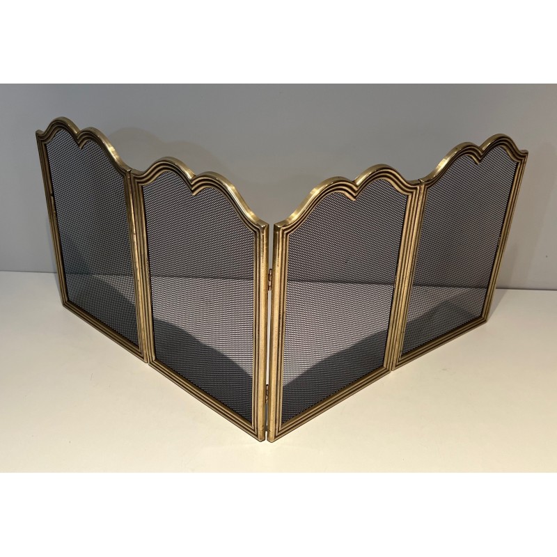 Vintage brass fire screen with 4-panel grid, France 1970