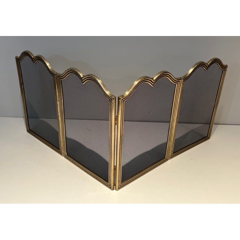 Vintage brass fire screen with 4-panel grid, France 1970