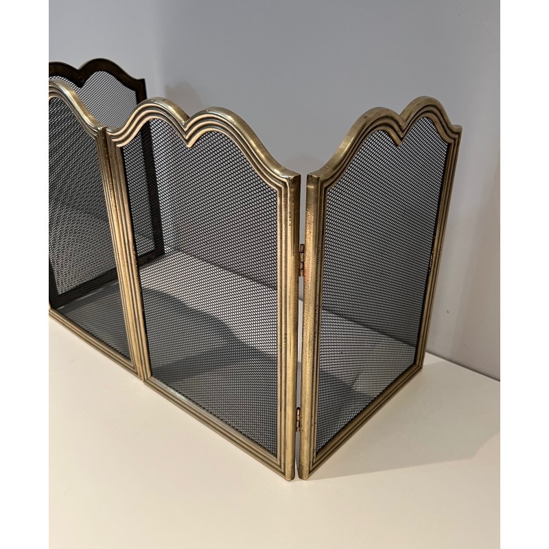 Vintage brass fire screen with 4-panel grid, France 1970