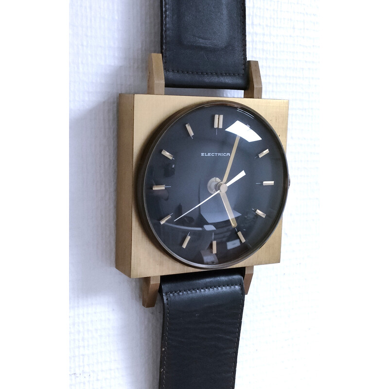 Orologio da parete vintage a forma di orologio con cinturino in finta pelle nera, 1970
