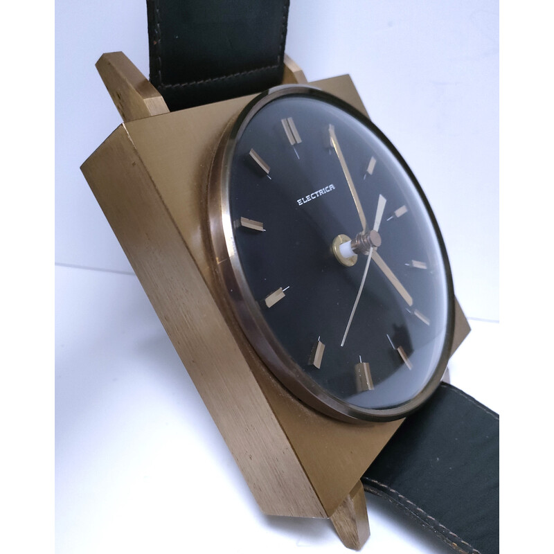 Horloge murale vintage en forme de montre bracelet en simili cuir noir, 1970